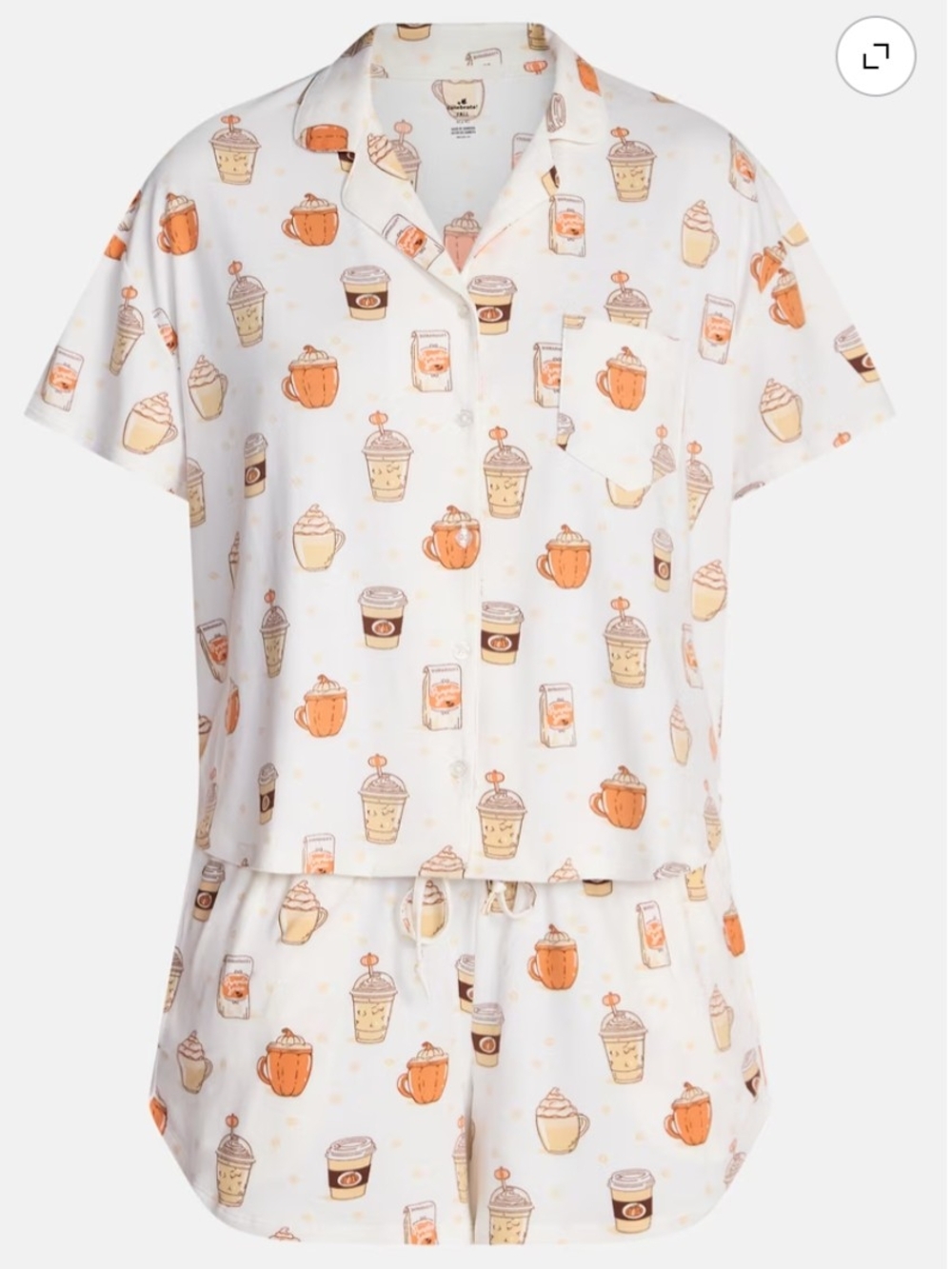 Fall Women's Notched Top Shorts Pajama Set White Coffee Pumpkin Spice Medium NWT